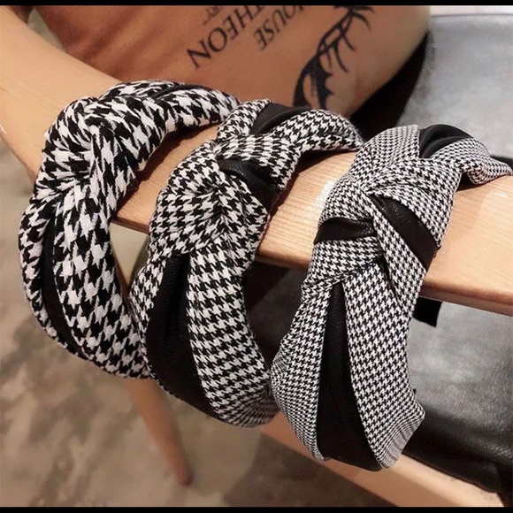 New black and white fabric print houndstooth top knot with leather headband - Picture 10 of 10